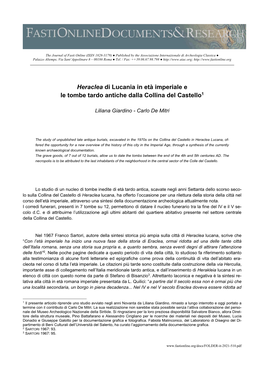 Heraclea Di Lucania in Età Imperiale E Le Tombe Tardo Antiche Dalla Collina Del Castello1