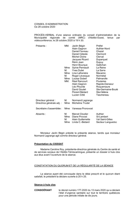 CONSEIL D'administration Ce 28 Octobre 2020 PROCÈS-VERBAL D