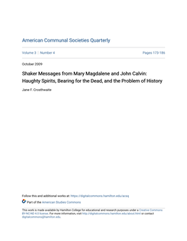 Shaker Messages from Mary Magdalene and John Calvin: Haughty Spirits, Bearing for the Dead, and the Problem of History