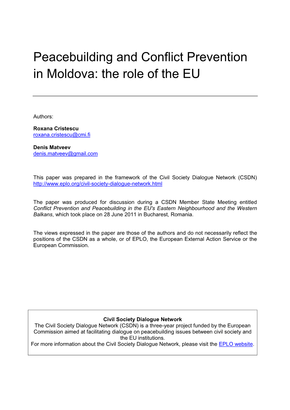 Peacebuilding and Conflict Prevention in Moldova: the Role of the EU