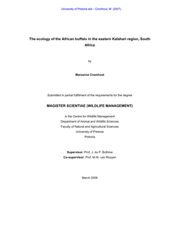 The Ecology of the African Buffalo in the Eastern Kalahari Region, South Africa