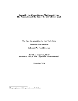 Report by the Committee on Matrimonial Law the Association of the Bar of the City of New York