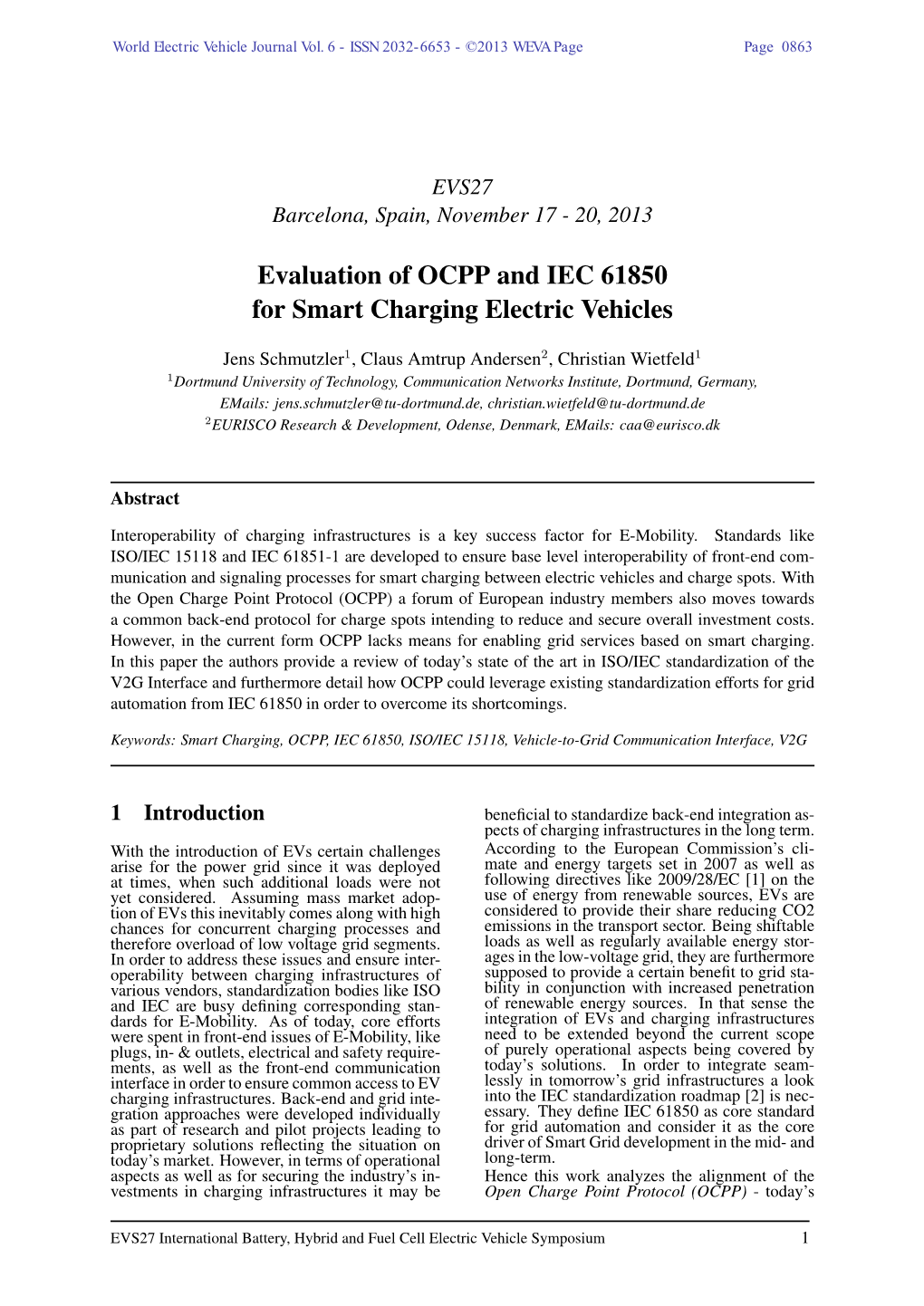 Evaluation of OCPP and IEC 61850 for Smart Charging Electric Vehicles