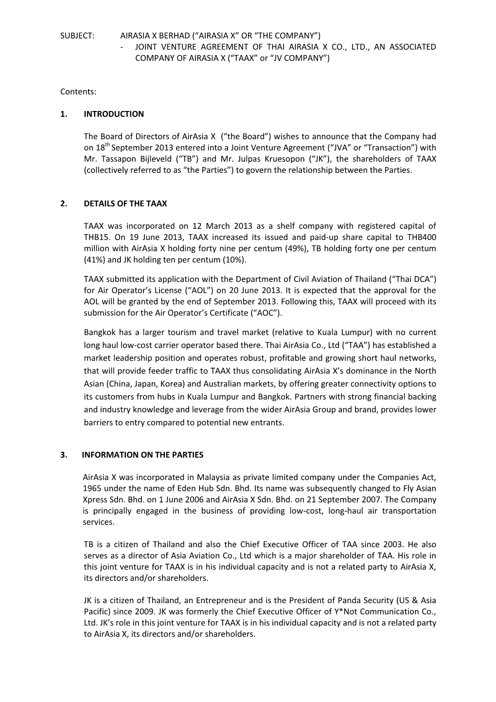 JOINT VENTURE AGREEMENT of THAI AIRASIA X CO., LTD., an ASSOCIATED COMPANY of AIRASIA X (“TAAX” Or “JV COMPANY”)