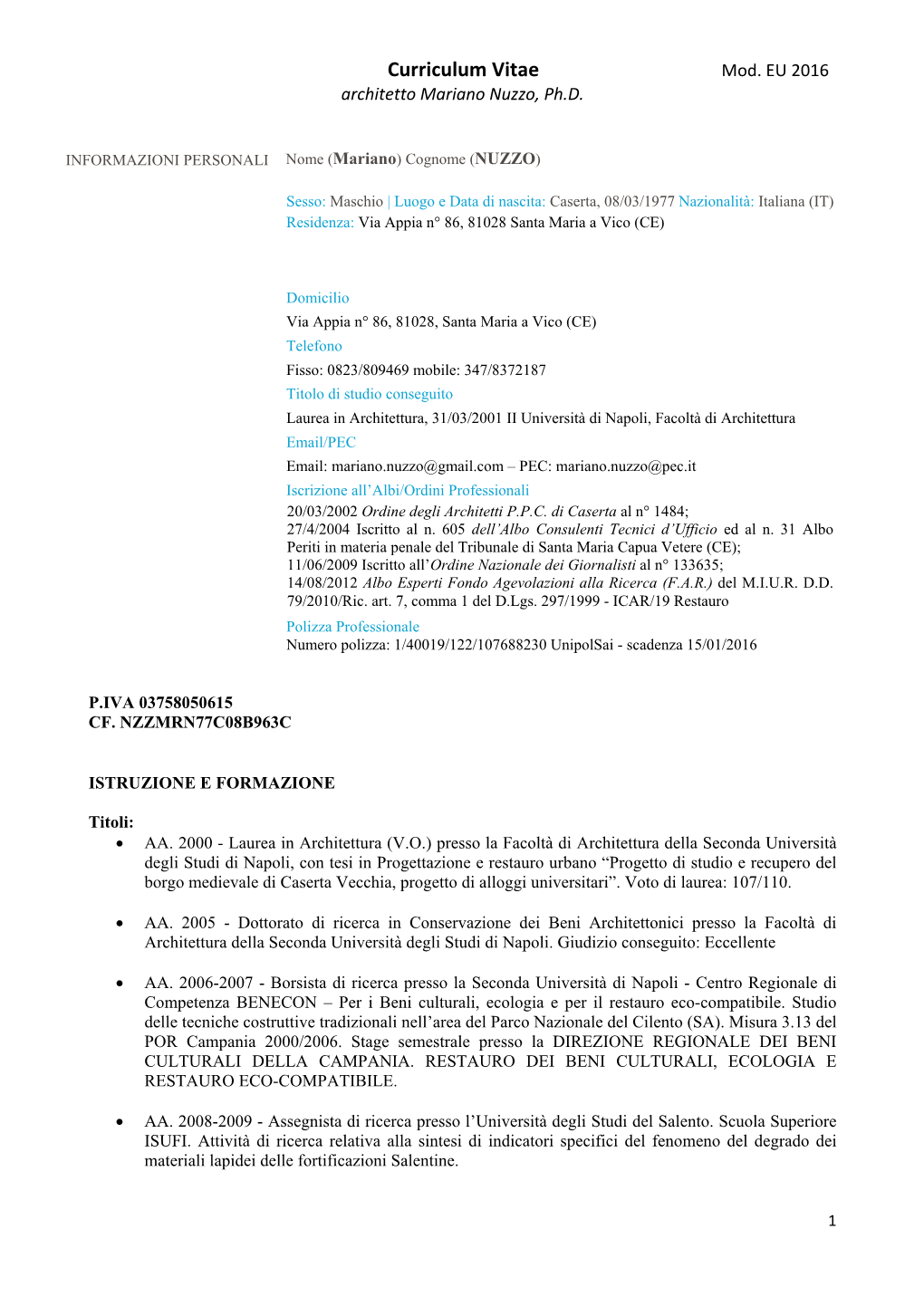 Curriculum Vitae Mod. EU 2016 Architetto Mariano Nuzzo, Ph.D