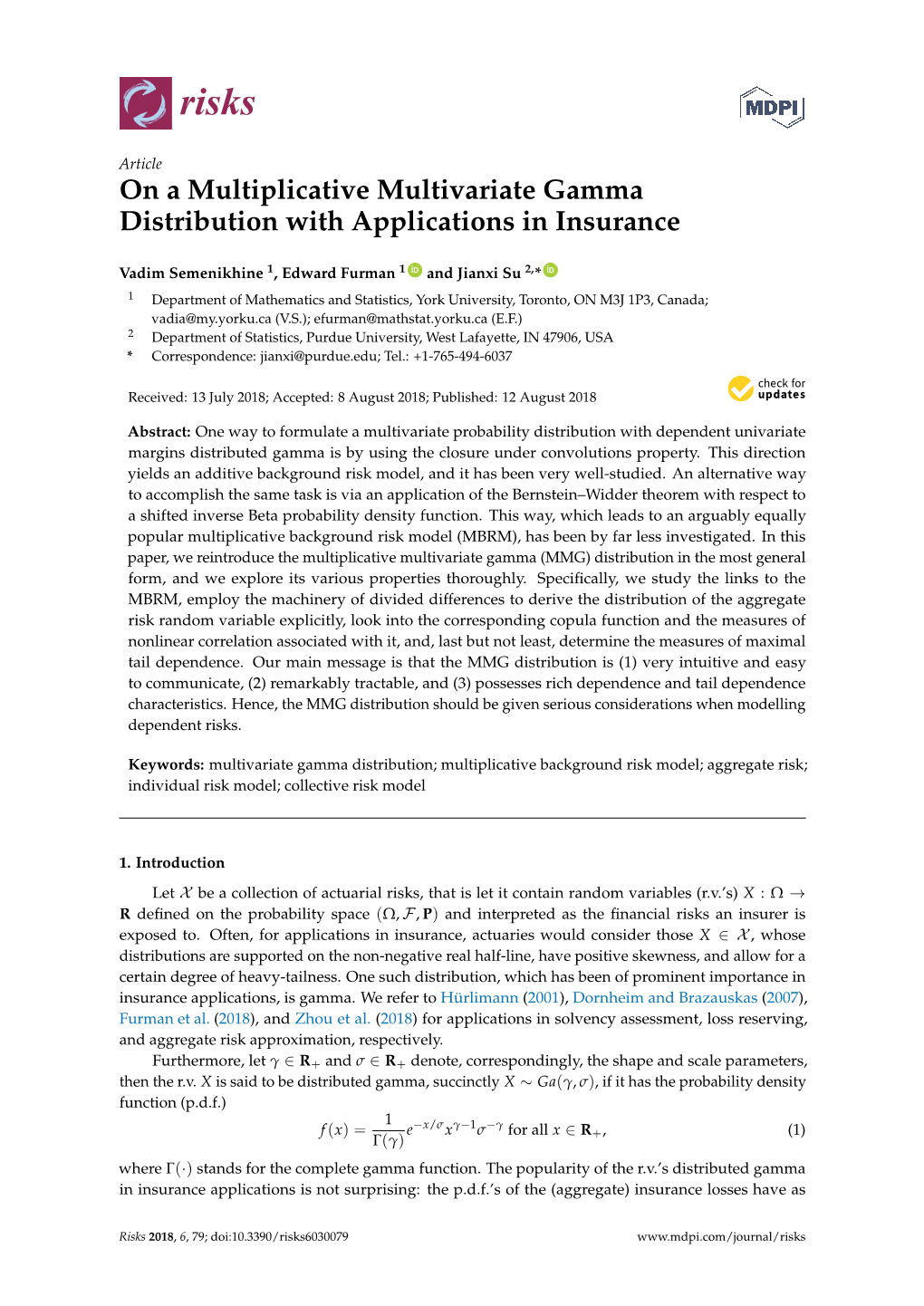 On a Multiplicative Multivariate Gamma Distribution with Applications in Insurance