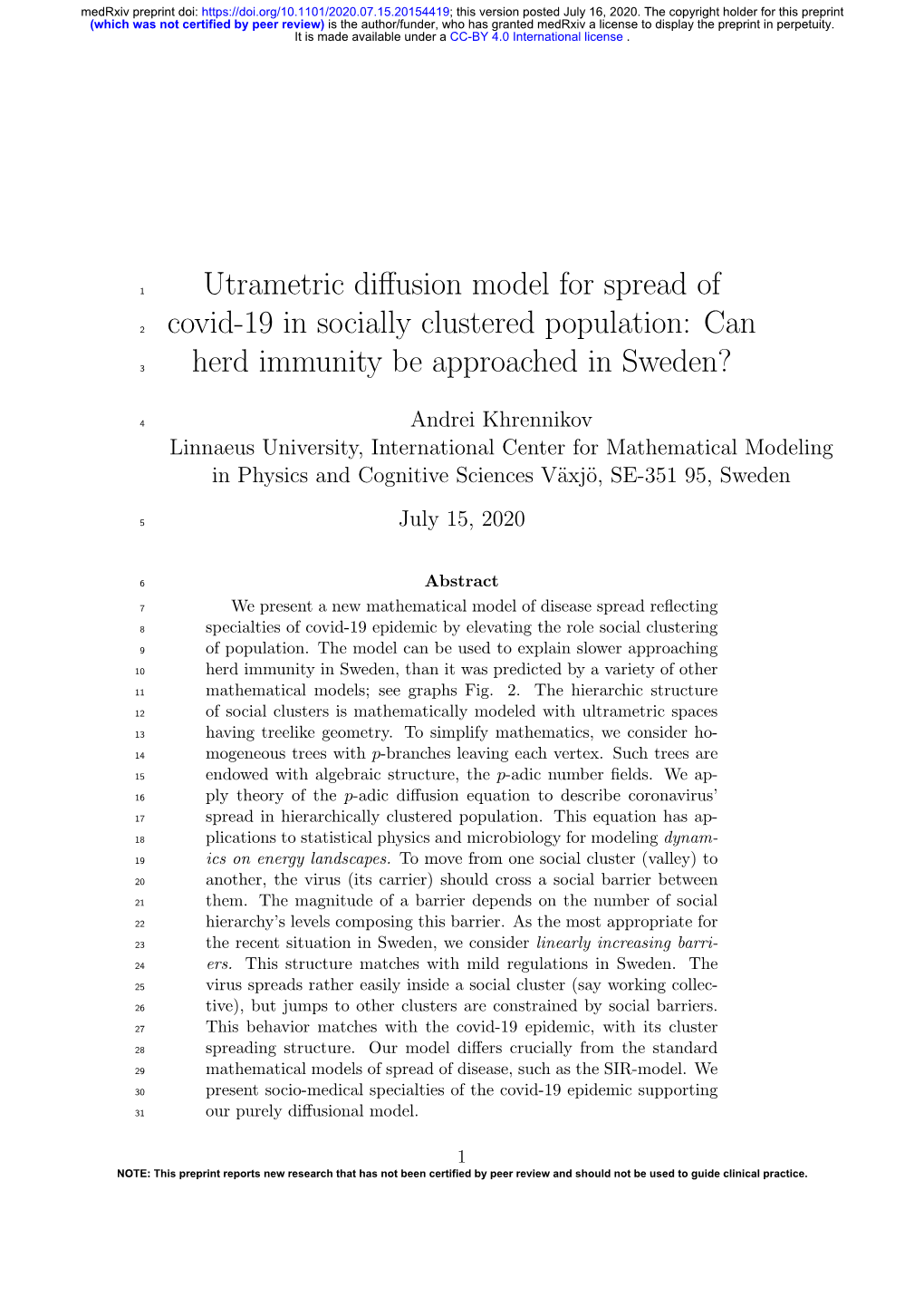 Utrametric Diffusion Model for Spread of Covid-19 in Socially Clustered
