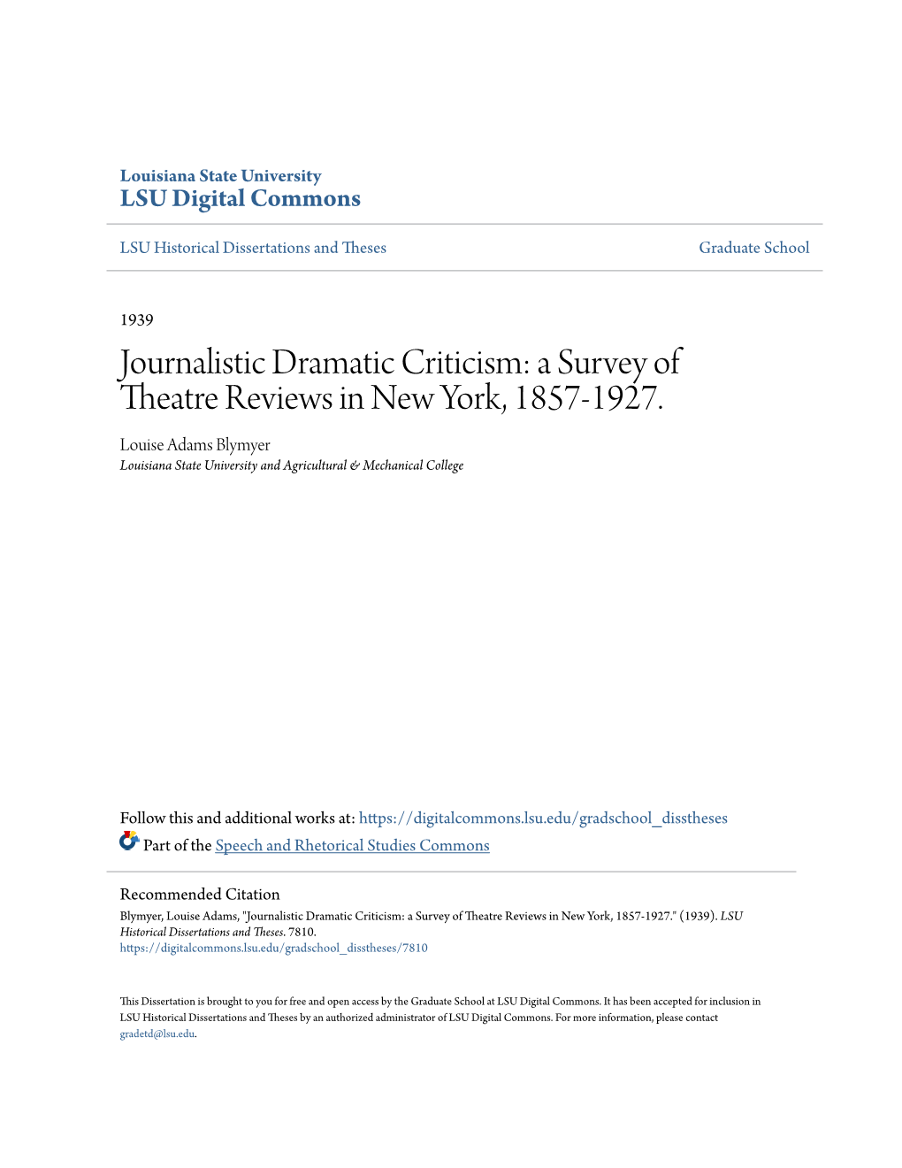 Journalistic Dramatic Criticism: a Survey of Theatre Reviews in New York, 1857-1927