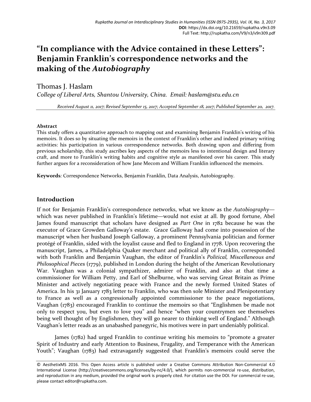 Benjamin Franklin's Correspondence Networks and the Making Of