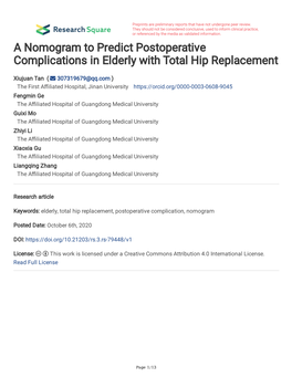 A Nomogram to Predict Postoperative Complications in Elderly with Total Hip Replacement