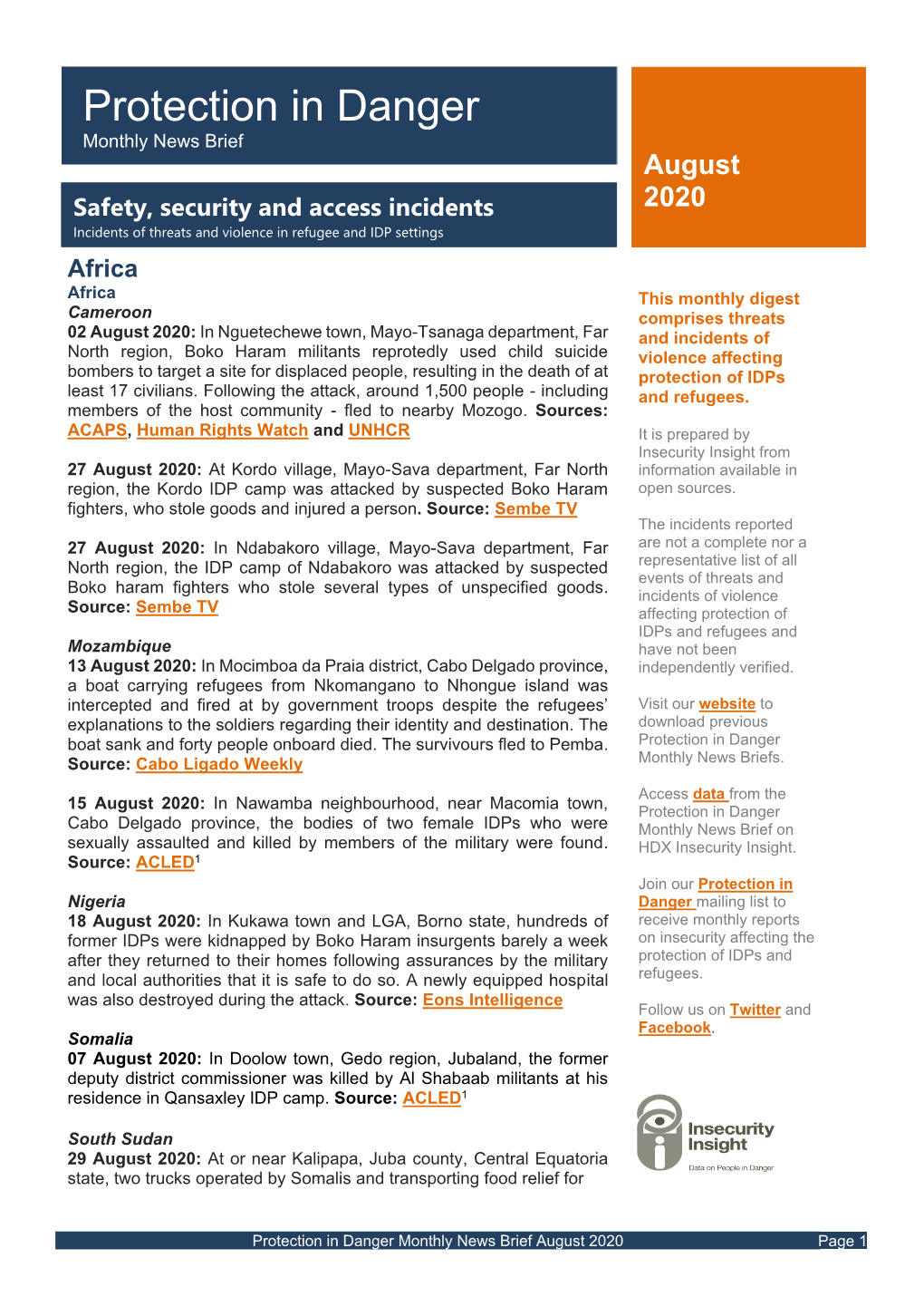 Protection in Danger Monthly News Brief