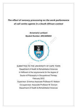 The Effect of Sensory Processing on the Work Performance of Call Centre Agents in a South African Context