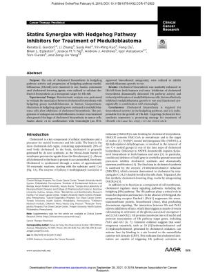Statins Synergize with Hedgehog Pathway Inhibitors for Treatment of Medulloblastoma Renata E