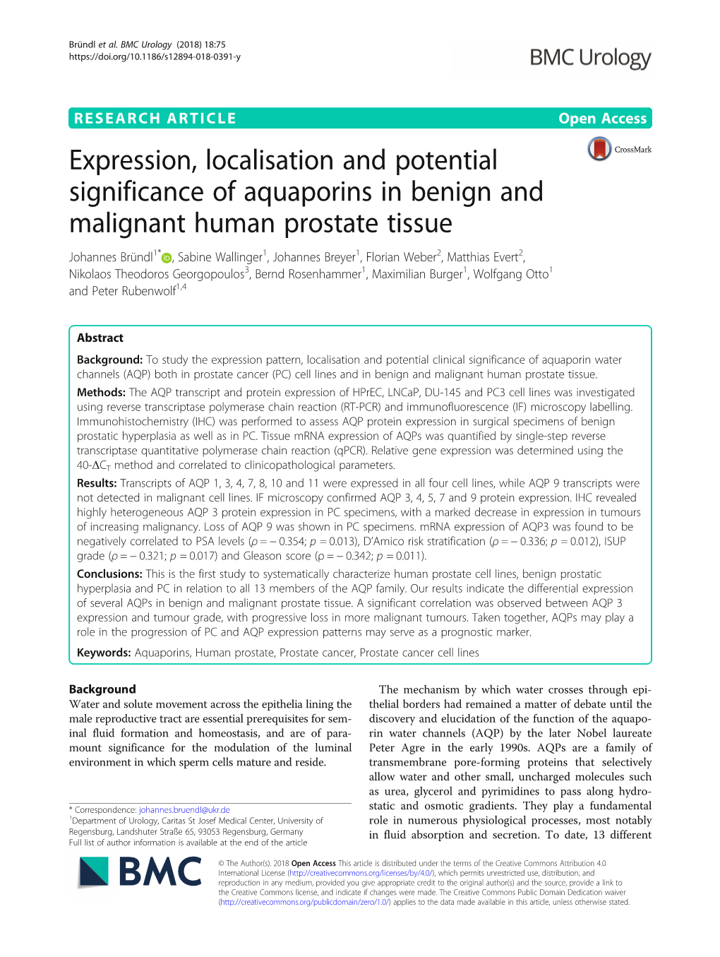 Expression, Localisation and Potential Significance of Aquaporins In