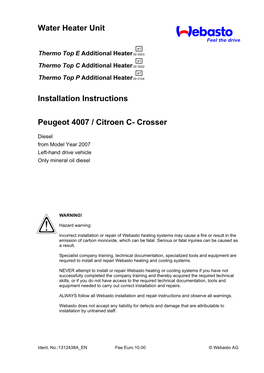 Water Heater Unit Installation Instructions Peugeot 4007 / Citroen