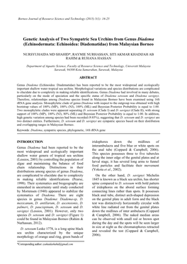 Genetic Analysis of Two Sympatric Sea Urchins from Genus Diadema (Echinodermata: Echinoidea: Diadematidae) from Malaysian Borneo