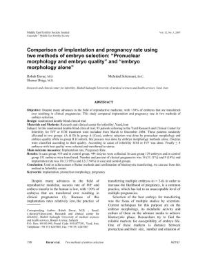 Comparison of Implantation and Pregnancy Rate Using Two Methods of Embryo Selection: “Pronuclear Morphology and Embryo Quality” and “Embryo Morphology Alone”