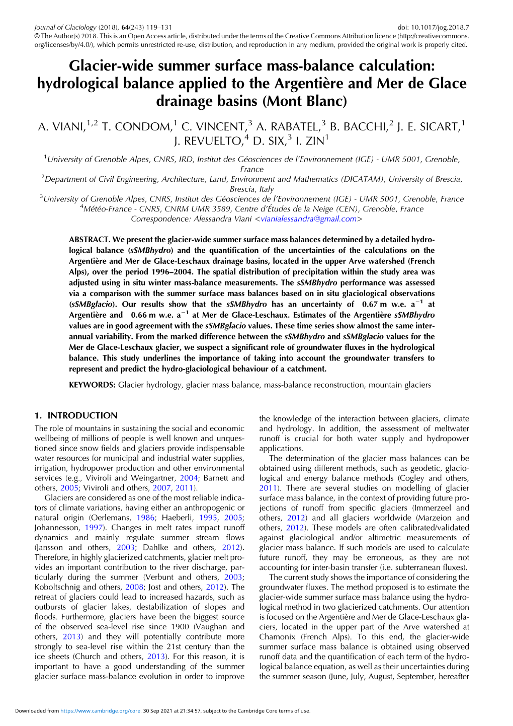 Glacier-Wide Summer Surface Mass-Balance Calculation: Hydrological Balance Applied to the Argentière and Mer De Glace Drainage Basins (Mont Blanc)