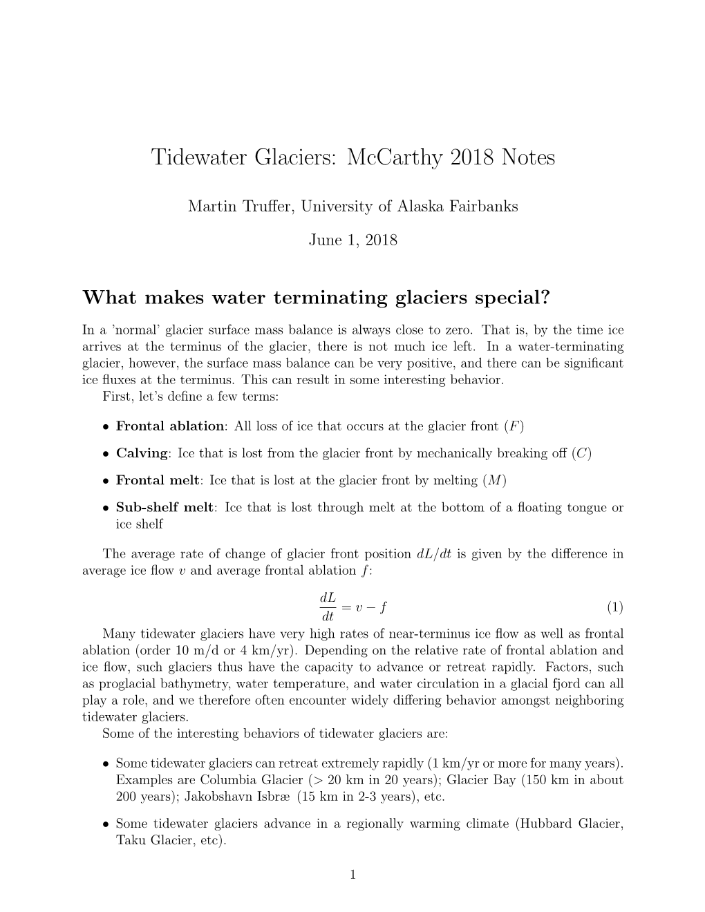 Tidewater Glaciers: Mccarthy 2018 Notes