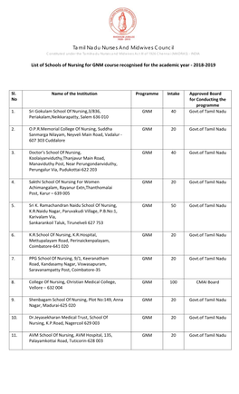 Tamil Nadu Nurses and Midwives Council List of Schools of Nursing