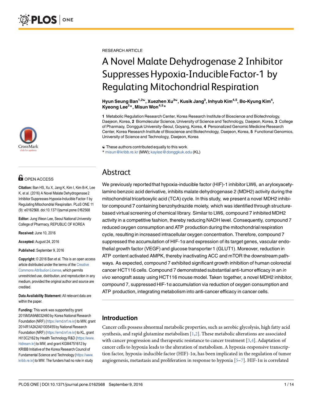 A Novel Malate Dehydrogenase 2 Inhibitor Suppresses Hypoxia-Induciblefactor-1 by Regulating Mitochondrial Respiration