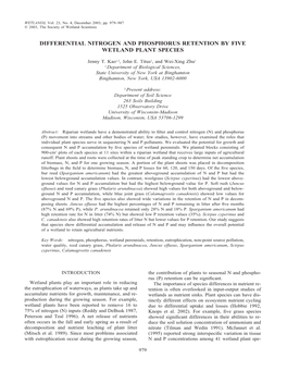 Differential Nitrogen and Phosphorus Retention by Five Wetland Plant Species