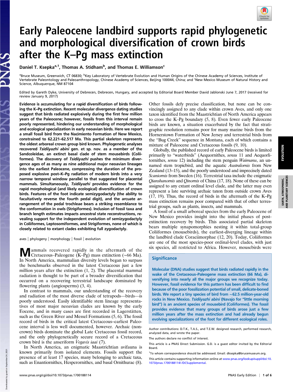 Early Paleocene Landbird Supports Rapid Phylogenetic and Morphological Diversification of Crown Birds After the K–Pg Mass Extinction