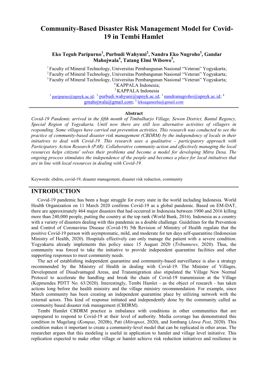 Community-Based Disaster Risk Management Model for Covid- 19 in Tembi Hamlet