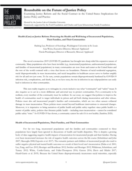 As Justice Reform: Protecting the Health and Well-Being of Incarcerated Populations, Their Families, and Their Communities