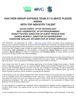 Oak View Group Expands Team at Seattle's Climate Pledge Arena