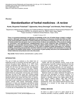 Standardization of Herbal Medicines - a Review