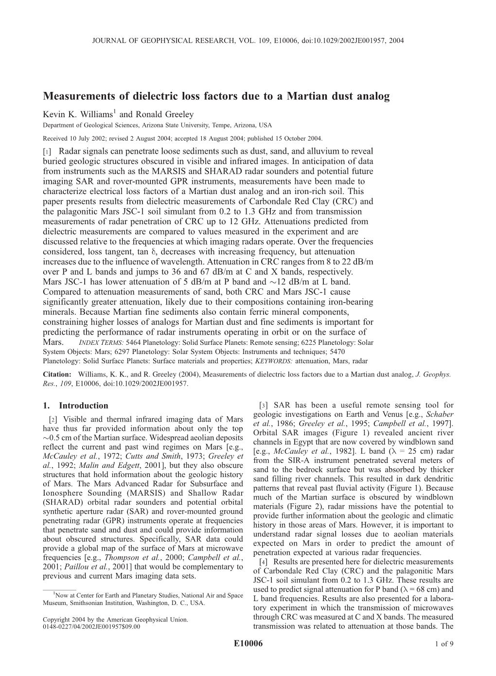 Measurements of Dielectric Loss Factors Due to a Martian Dust Analog Kevin K