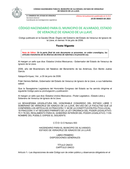 Código Hacendario Para El Municipio De Alvarado, Estado De Veracruz De Ignacio De La Llave