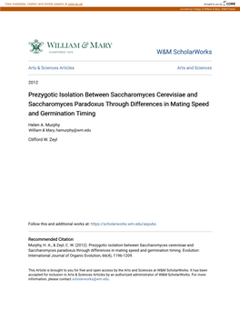 Prezygotic Isolation Between Saccharomyces Cerevisiae and Saccharomyces Paradoxus Through Differences in Mating Speed and Germination Timing