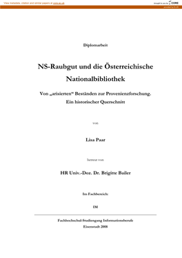 NS-Raubgut Und Die Österreichische Nationalbibliothek
