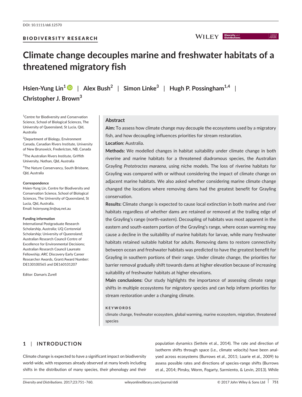 Climate Change Decouples Marine and Freshwater Habitats of a Threatened Migratory Fish