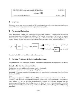 Lecture # 24 1 Overview 2 Polynomial Reduction 3 Decision Problems & Optimization Problems