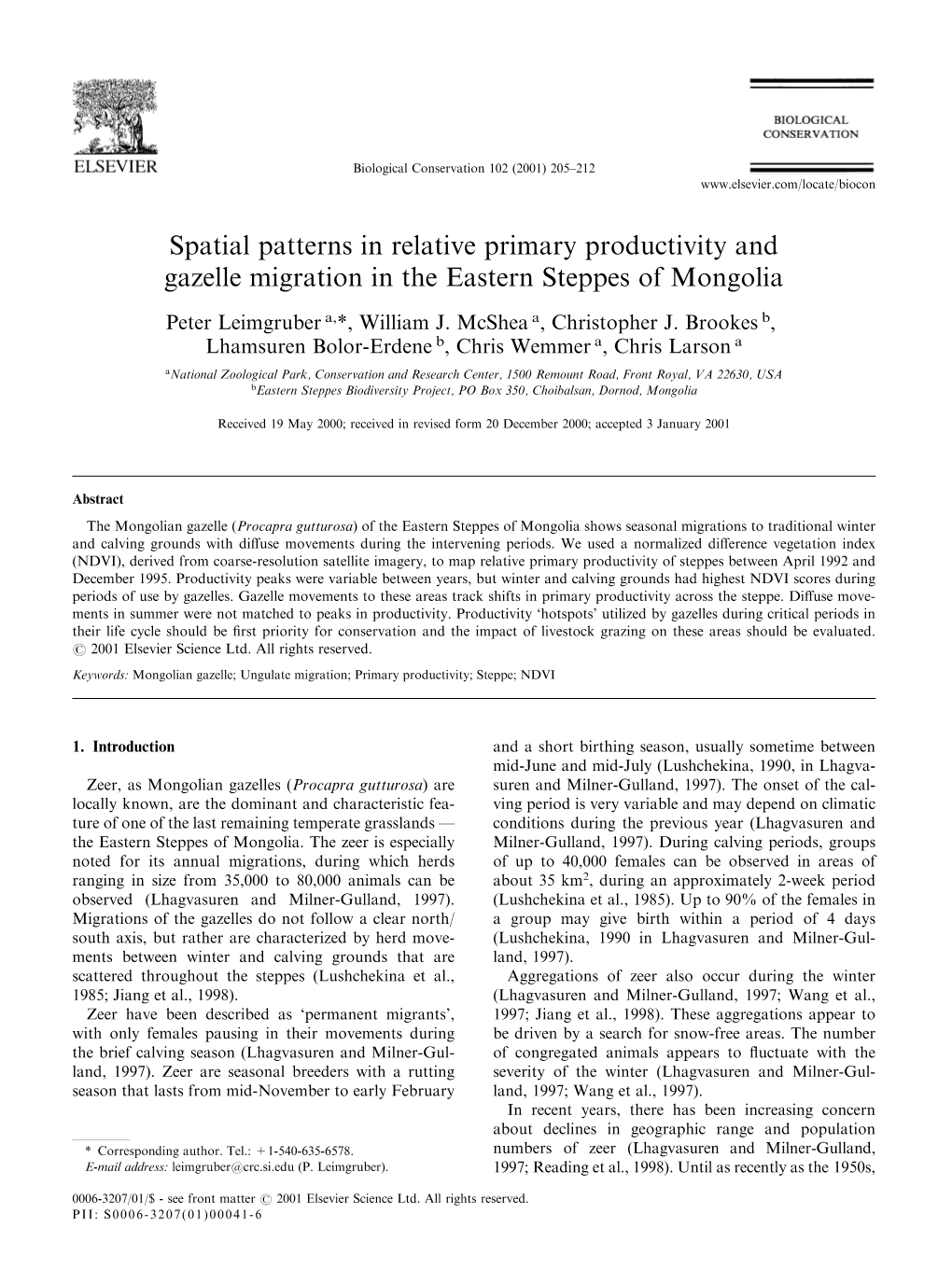 Spatial Patterns in Relative Primary Productivity and Gazelle Migration in the Eastern Steppes of Mongolia