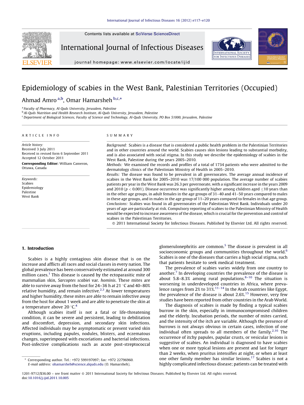 Epidemiology of Scabies in the West Bank, Palestinian Territories (Occupied)