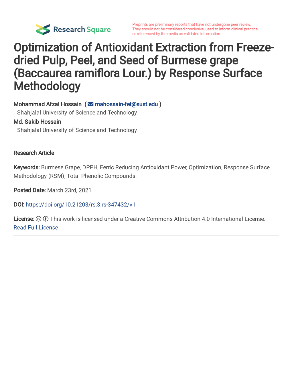 Optimization of Antioxidant Extraction from Freeze-Dried Pulp, Peel, and Seed of Burmese