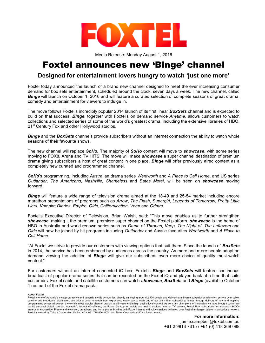 Foxtel Announces New 'Binge' Channel