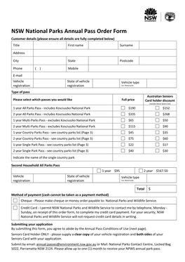 Order Form for NSW National Parks Annual Pass
