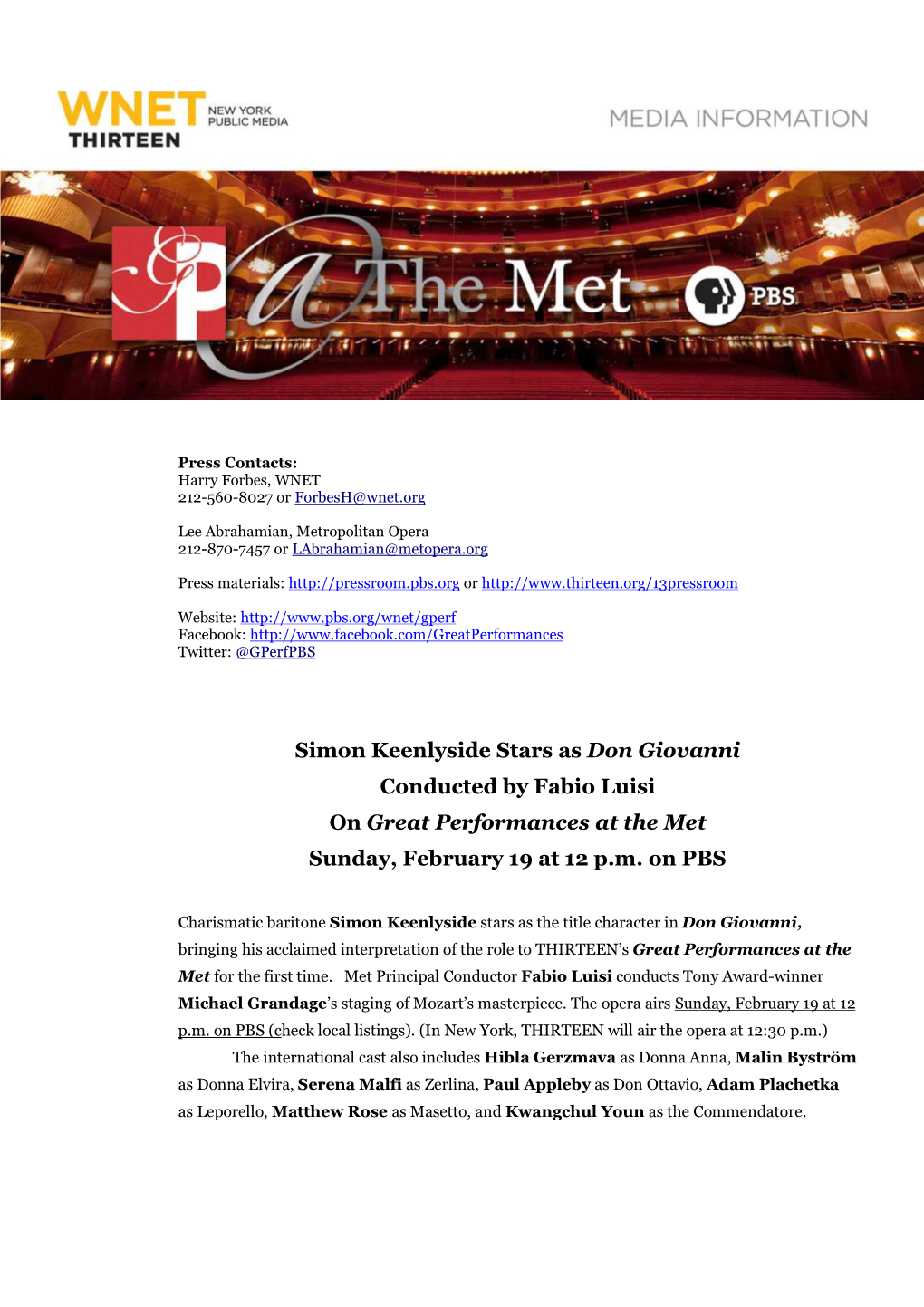 Don Giovanni Conducted by Fabio Luisi on Great Performances at the Met Sunday, February 19 at 12 P.M