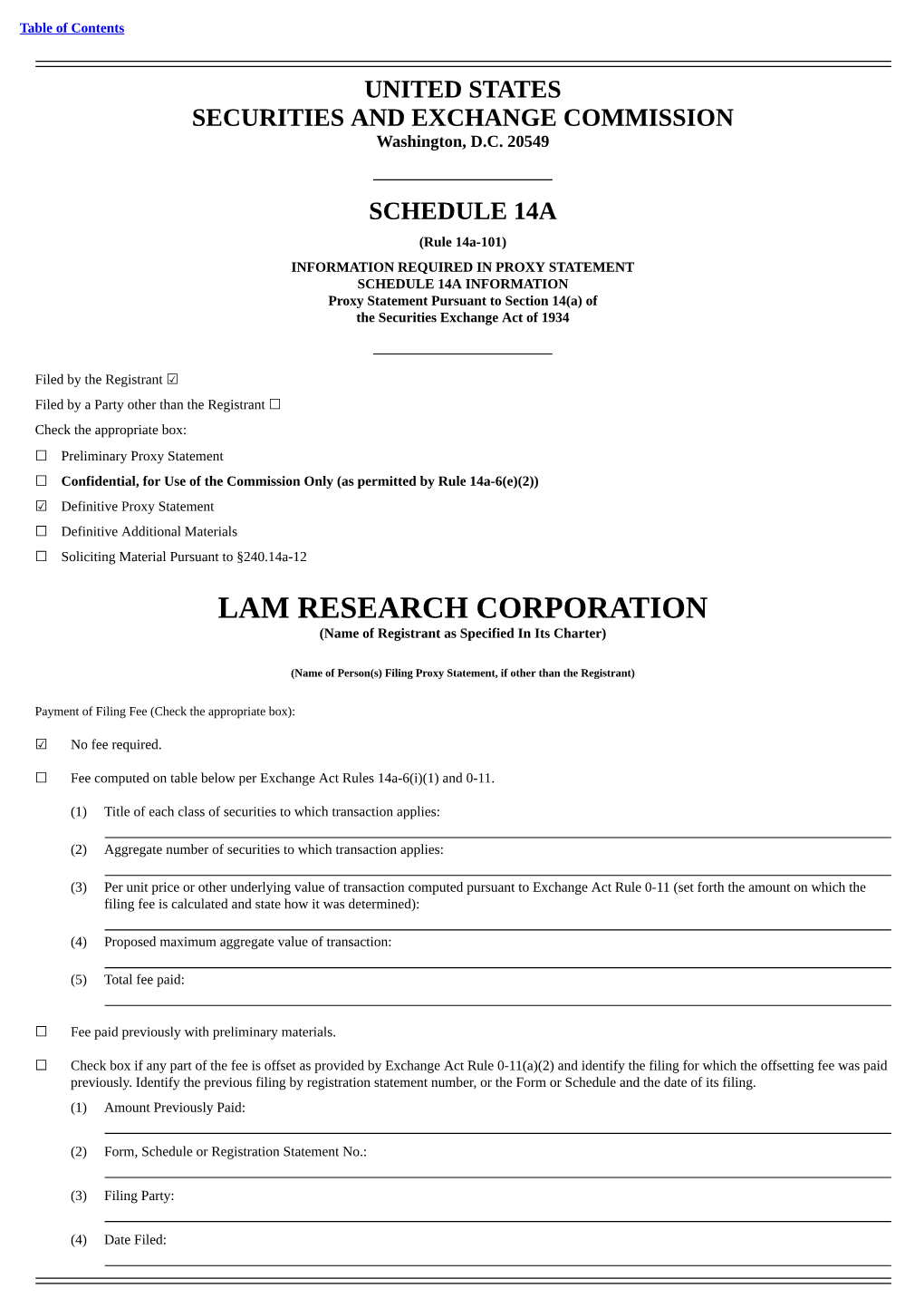 LAM RESEARCH CORPORATION (Name of Registrant As Specified in Its Charter)