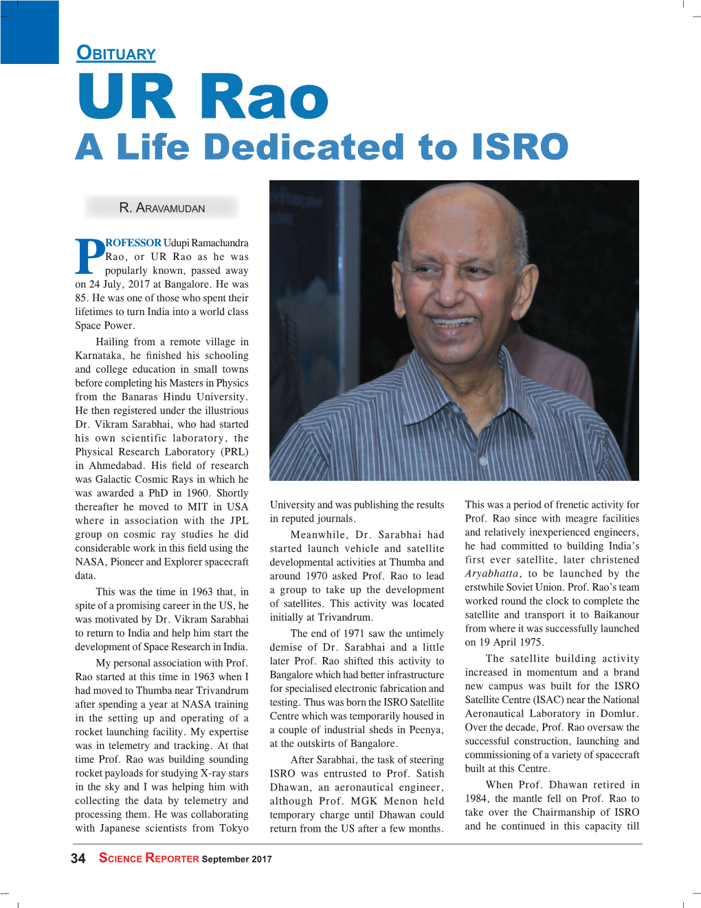 OBITUARY UR Rao a Life Dedicated to ISRO
