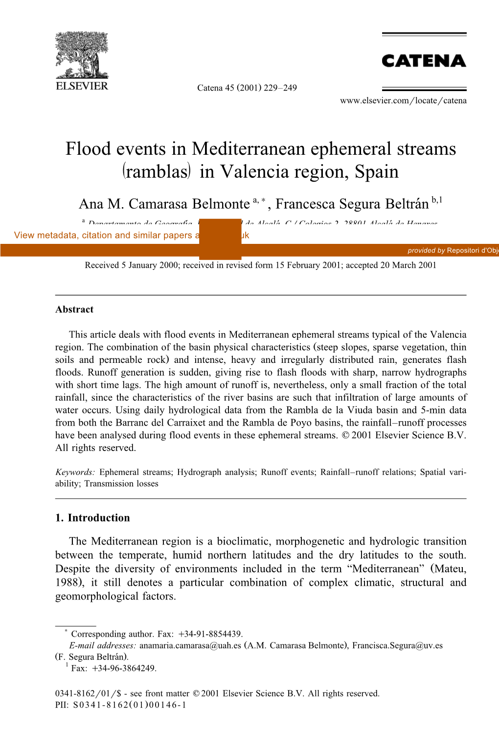 Flood Events in Mediterranean Ephemeral Streams Ž / Ramblas In