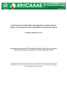 Food Security and Vulnerability in Drought Prone Northern State of Nigeria: an Assessment of Three Communities in Northwestern Nigeria