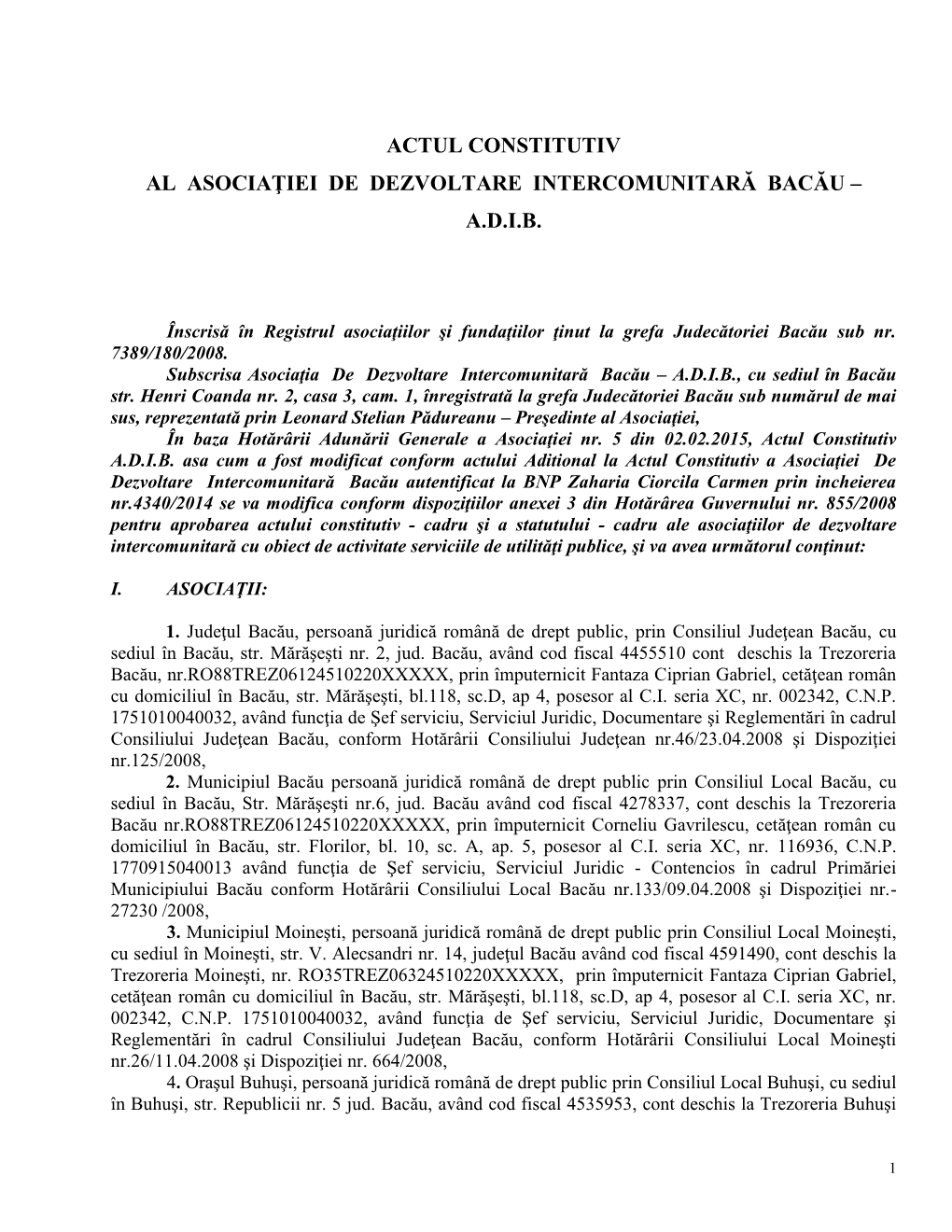 Actul Constitutiv Al Asociaţiei De Dezvoltare Intercomunitară Bacău – A.D.I.B