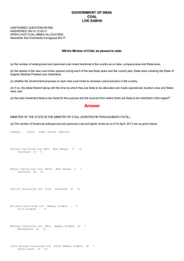 ANSWERED ON:10.12.2013 OPEN CAST COAL MINES ALLOCATION Naranbhai Shri Kachhadia;Venugopal Shri P