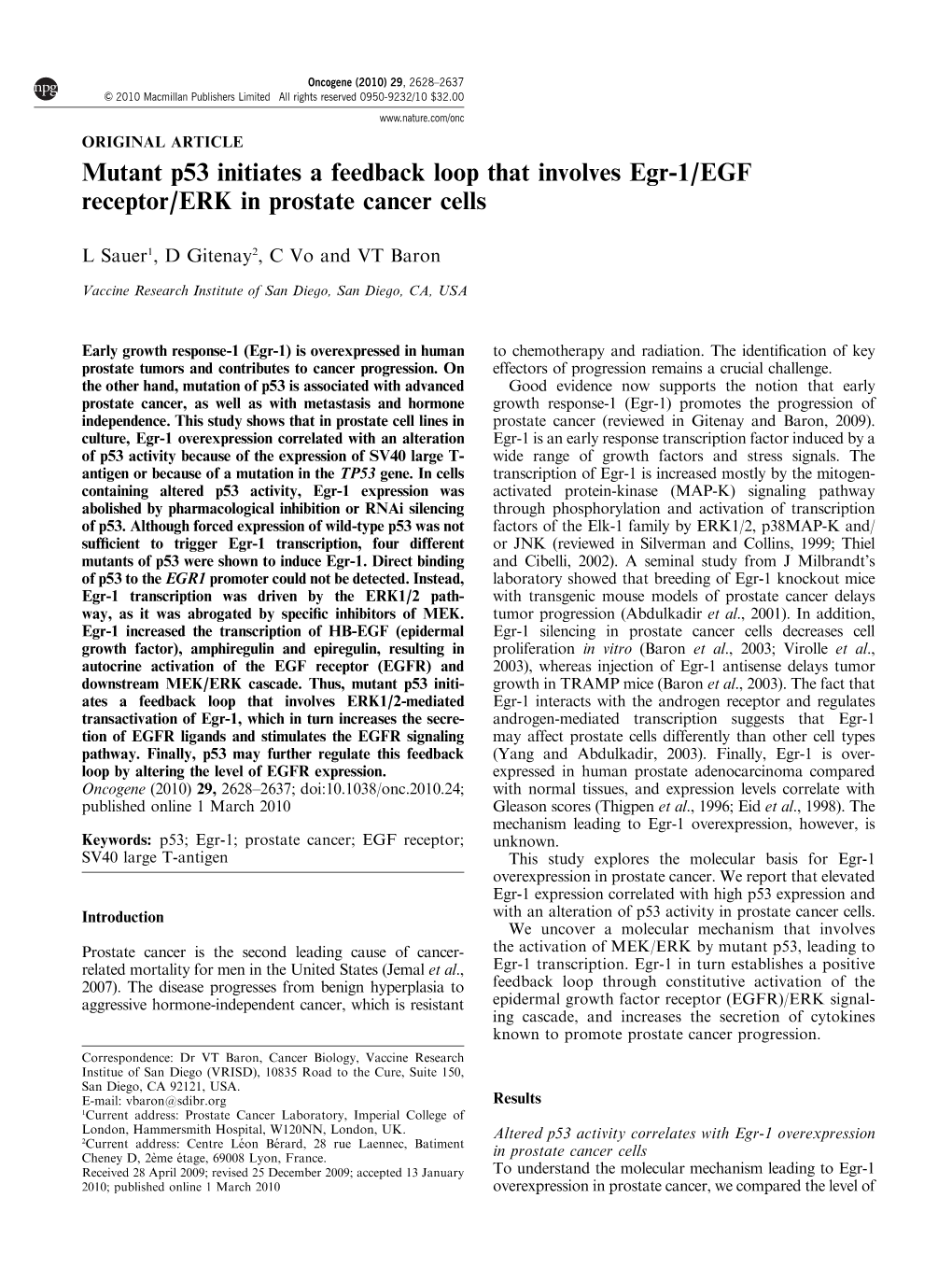 Mutant P53 Initiates a Feedback Loop That Involves Egr-1&Sol;EGF